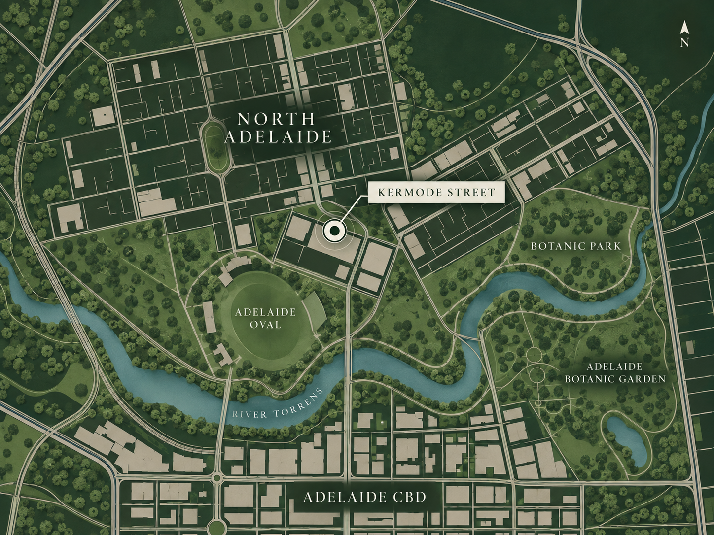 Illustrated map of North Adelaide showing Kermode Street, Adelaide Oval, River Torrens, Botanic Park, Adelaide Botanic Garden and Adelaide CBD.